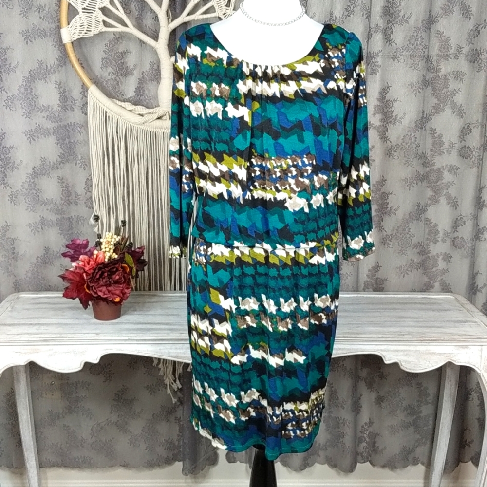 Tiana B teal multi color abstract print dress